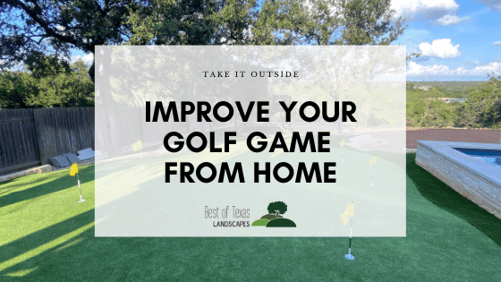 backyard putting green with text overlay Improve Your Golf Game From Home