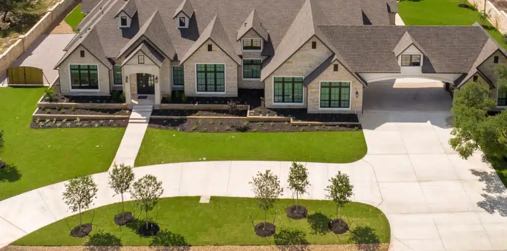 aerial view of landscape installation in front yard of luxury home in Georgetown, Texas